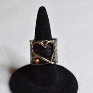 Black Heart Hammered Gold Tone Wide Band Size 4 Goth Punk Biker Ring